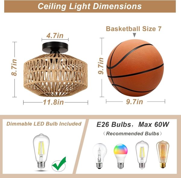 Boho Light Fixtures Ceiling Mount,Mini Rattan Chandelier Light Fixture with Dimmable LED Bulb,Hand Woven Ceiling Light Fixtures Flush Mount for Hallway Bedroom Kitchen Entryway Living Room - Image 4