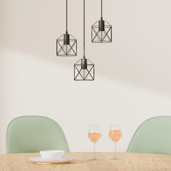 3-Light Hanging Pendant Light Fixtures, Farmhouse Kitchen Island Light Fixture, Industrial Hanging Pendant Lighting for Dining Room Bedroom Hallway, Black Metal Cage Pendant Lamp, E26 Base - Image 3