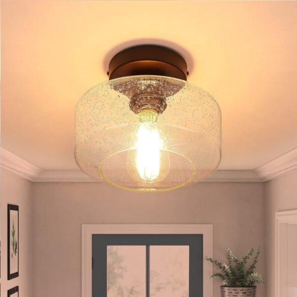 SunRider Industrial Semi-Flush Mount Ceiling Light Fixture, Modern Seeded Glass Pendant Lamp, Black Farmhouse Hanging Lighting for Bedroom Hallway - Image 21