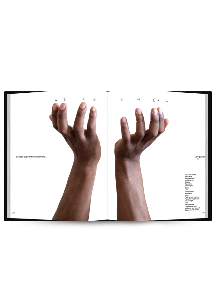Artistic book spread from BE(YOU)FULL by Carlos Simpson Design Studio, featuring two raised dark-skinned hands against a white background, symbolising body language and societal perception.