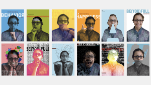 Twelve portraits of the same person in various expressive poses, each with different coloured backgrounds and conceptual themes, representing the BE(YOU)FULL project by Carlos Simpson Design Studio. Carlos Simpson, BEYOUFULL, Design Studio London, Identity in Design, Self-expression Art, Graphic Poster Series, Visual Identity, Emotional Expression, Inclusive Design, Diversity Through Colour, Contemporary Art London, Design for Wellbeing, Human-Centred Creativity