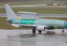 WT001 E-7A Wedgetail RAF departs BHX to Southend for painting