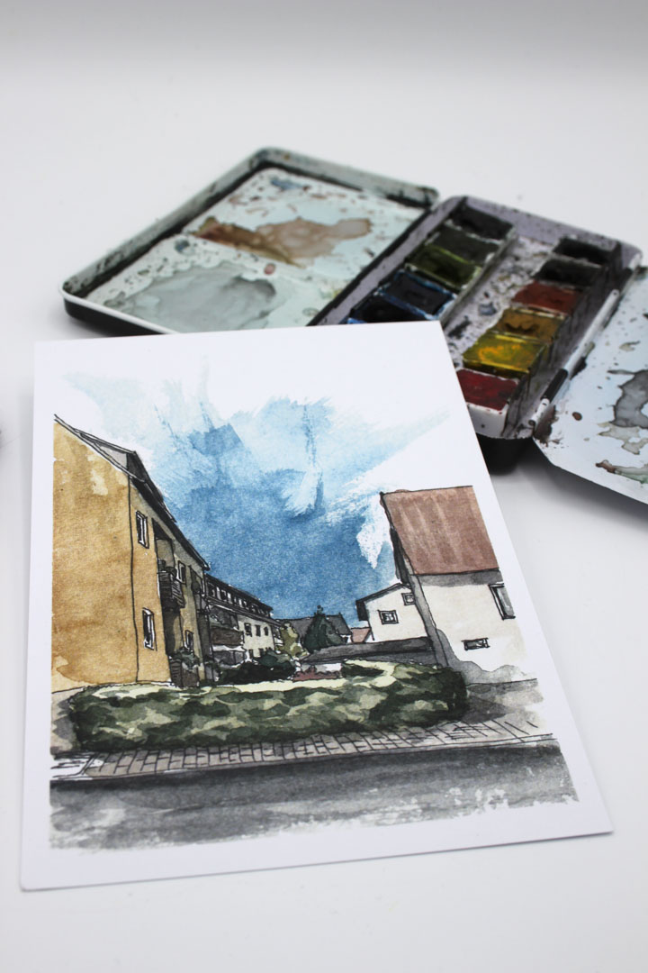 Ansichtskarte-Rutesheim_Aquarell_Motiv-Seestraße