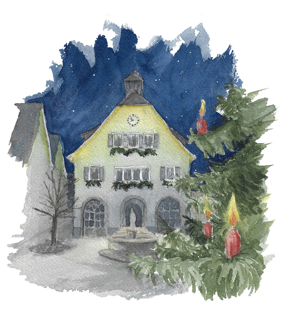 Kundenauftrag_Aquarell_Weihnachtskarte_Stadt-Rutesheim