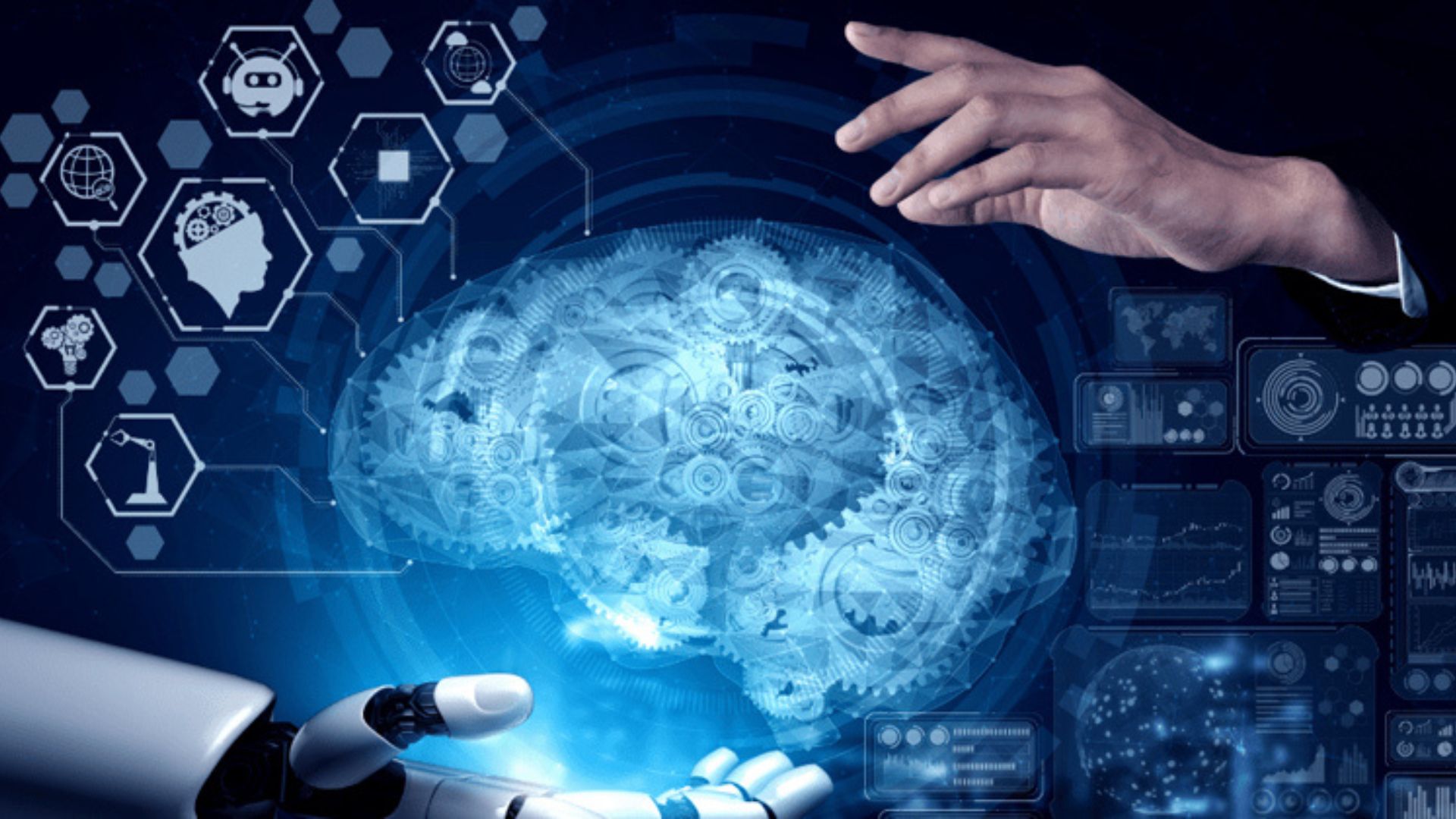 AI robot and human hand with glowing mechanical brain – Augmented Analytics by BI4YOU