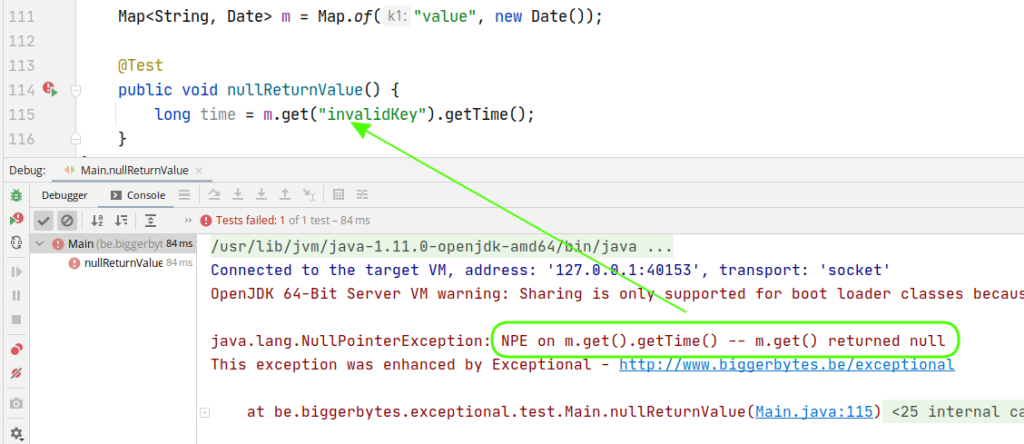 Example of the informative NullPointerException generated by the Exceptional BETA plugin for IntelliJ