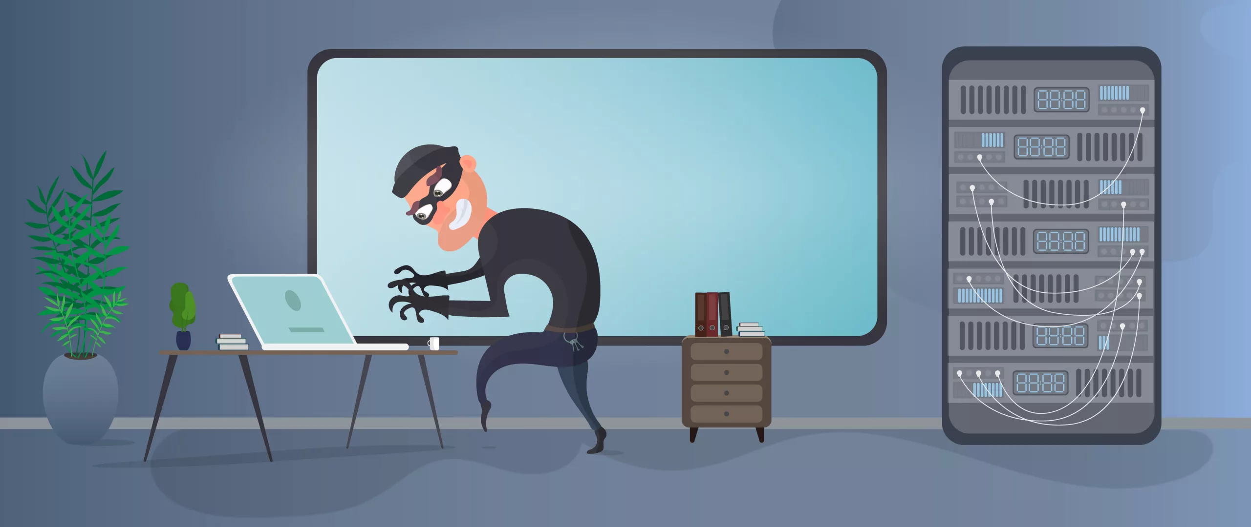 A thief is trying to get a server. A masked burglar steals data. The criminal got into the office. The concept of security and data protection. Isolated. Vector. Fake Brokerages are hard to spot. Learn how to save yourself from going out of business.