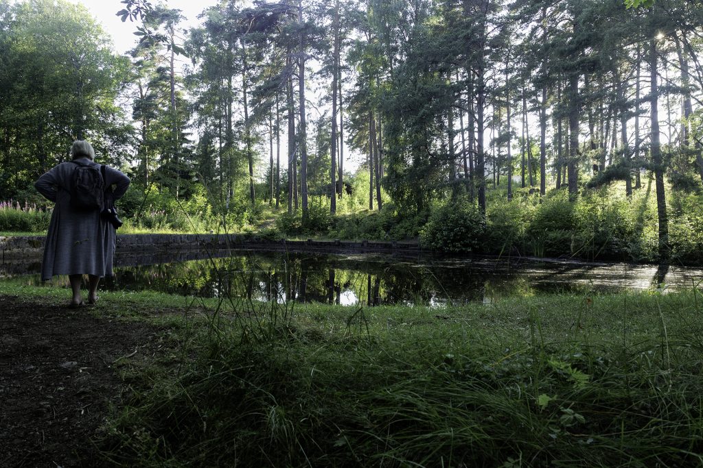 Stilla vatten och lång skugga – en kväll vid den gamla simbassängen i Hallstahammar.
