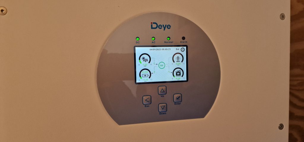 Displayet viser at anlægget pt. producere 1,82 kW, hvoraf de 0,56 bruges i huset og 1,14 kW oplades på batteriet.