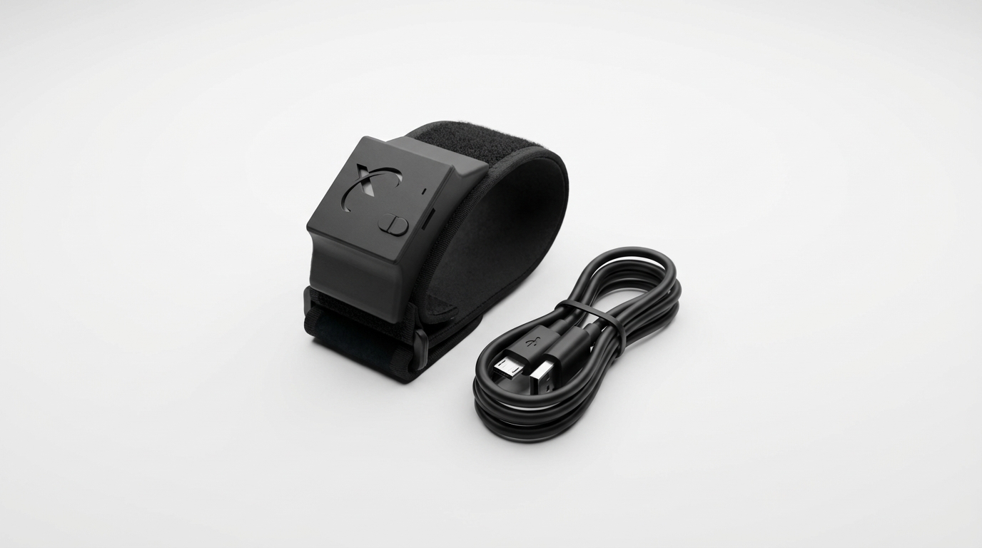 BioX AAL-Band 2.0 wearable sensor and micro-USB charging cable hardware setup