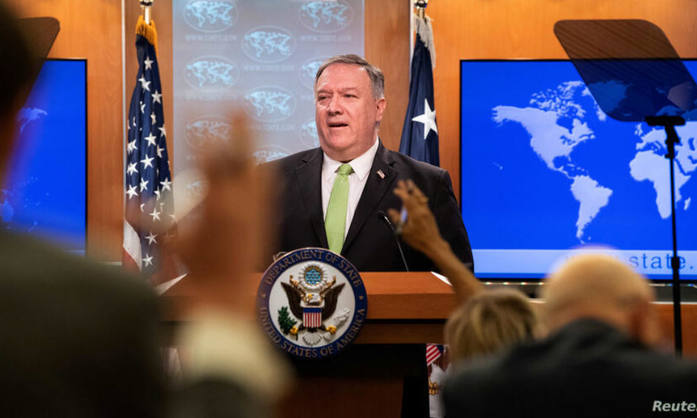 U.S. Secretary of State Mike Pompeo speaks to the media at the State Department in Washington