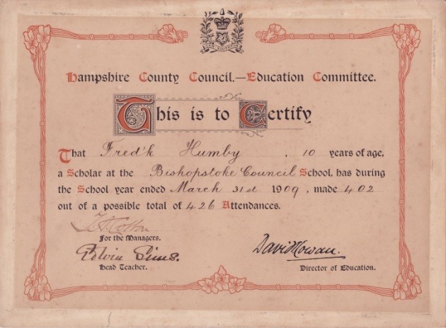 C:\Documents and Settings\Chris\My Documents\My Pictures\Bishopstoke History Society\Bishopstoke and Eastleigh Schools (32)\School Attendance Certicate - F.L.Humby 1.jpg