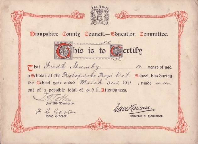 C:\Documents and Settings\Chris\My Documents\My Pictures\Bishopstoke History Society\Bishopstoke and Eastleigh Schools (32)\School Attendance Certicate - F.L.Humby 2.jpg