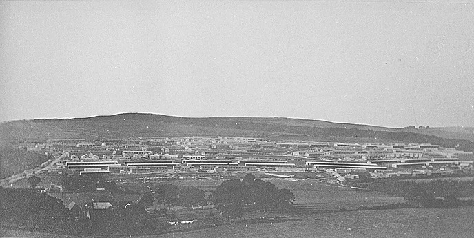 A black and white photo of a town in the mountains Description automatically generated with low confidence