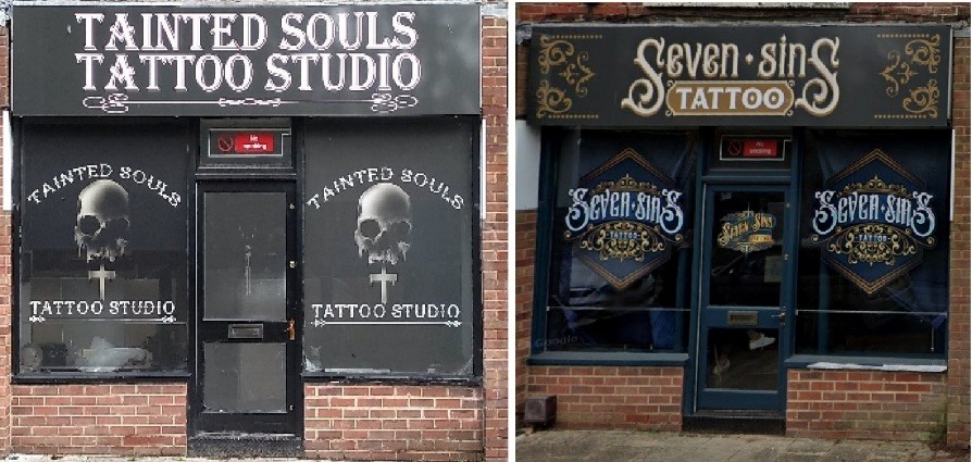 A front and back of a tattoo studio AI-generated content may be incorrect.