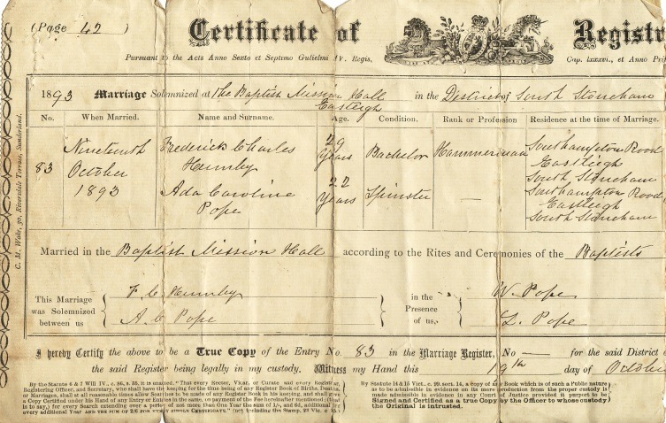 C:\Documents and Settings\chris\My Documents\My Pictures\Humby Documents\Marriage Cert Frederick Charles Humby to Ada Caroline Pope 1b.jpg