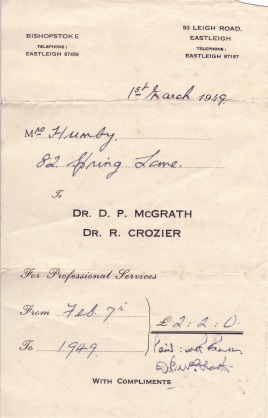 C:\Documents and Settings\chris\My Documents\My Pictures\Humby History\C.W.Humby\Medical bill for services re birth of C.W.Humby (born at Brackenlea private maternity clinic, Shawford).jpg