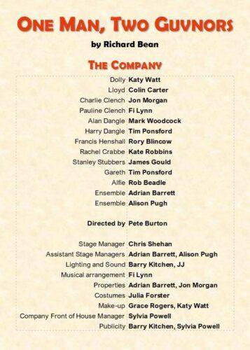 2021 One Man Two Guvnors programme credits