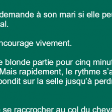 Une femme blonde fait un tour à cheval