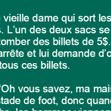 Une vieille dame sort les poubelles