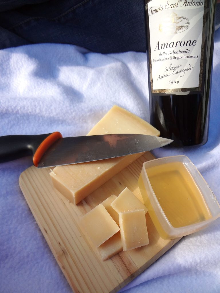 Rött Italiensk Amarone vin till osten och honungen på picknicken funkar fint när man testar viner.