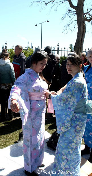 Två Geishor som hjälper varandra på Sakura festivalen i Köpenhamn 2017.Sakura betyder körsbärsblommor på Japanska