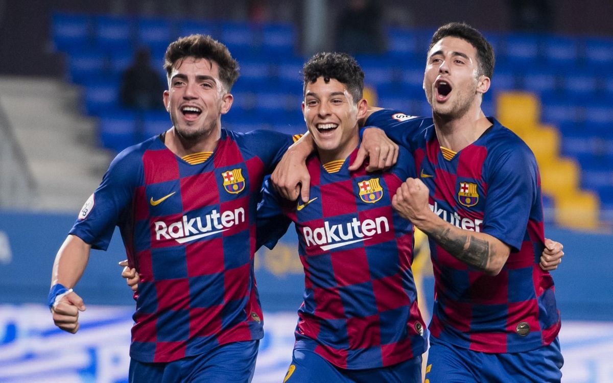 Monchu, Dani Morer and Guillem Jaime form Barça B celebrating against Badalona earlier this season / VÍCTOR SALGADO FC BARCELONA