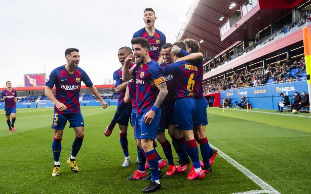 Barça B players celebrating their vital goal against Llagosterra earlier this season in 2B / VÍCTOR SALGADO FC BARCELONA