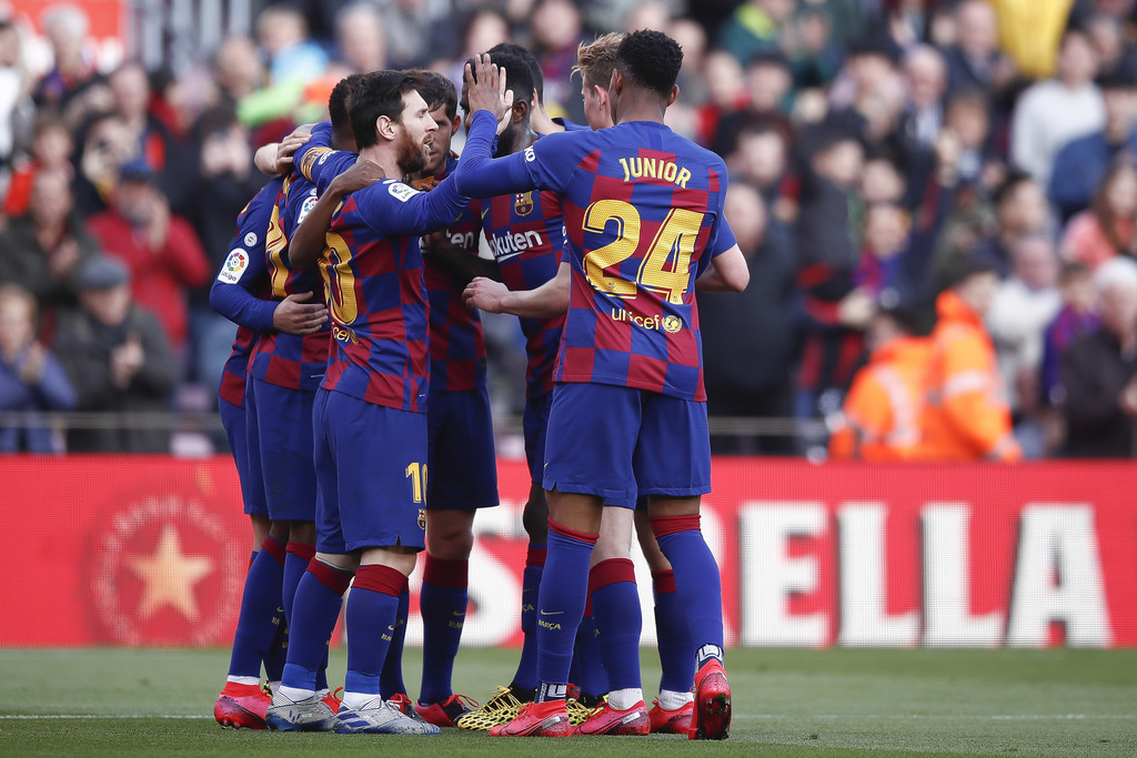 Barcelona's players celebrating after Antoine Griezmann scored the Catalans' opener against Getafe / FEB 14, 2020 / GETTY IMAGES EUROPE
