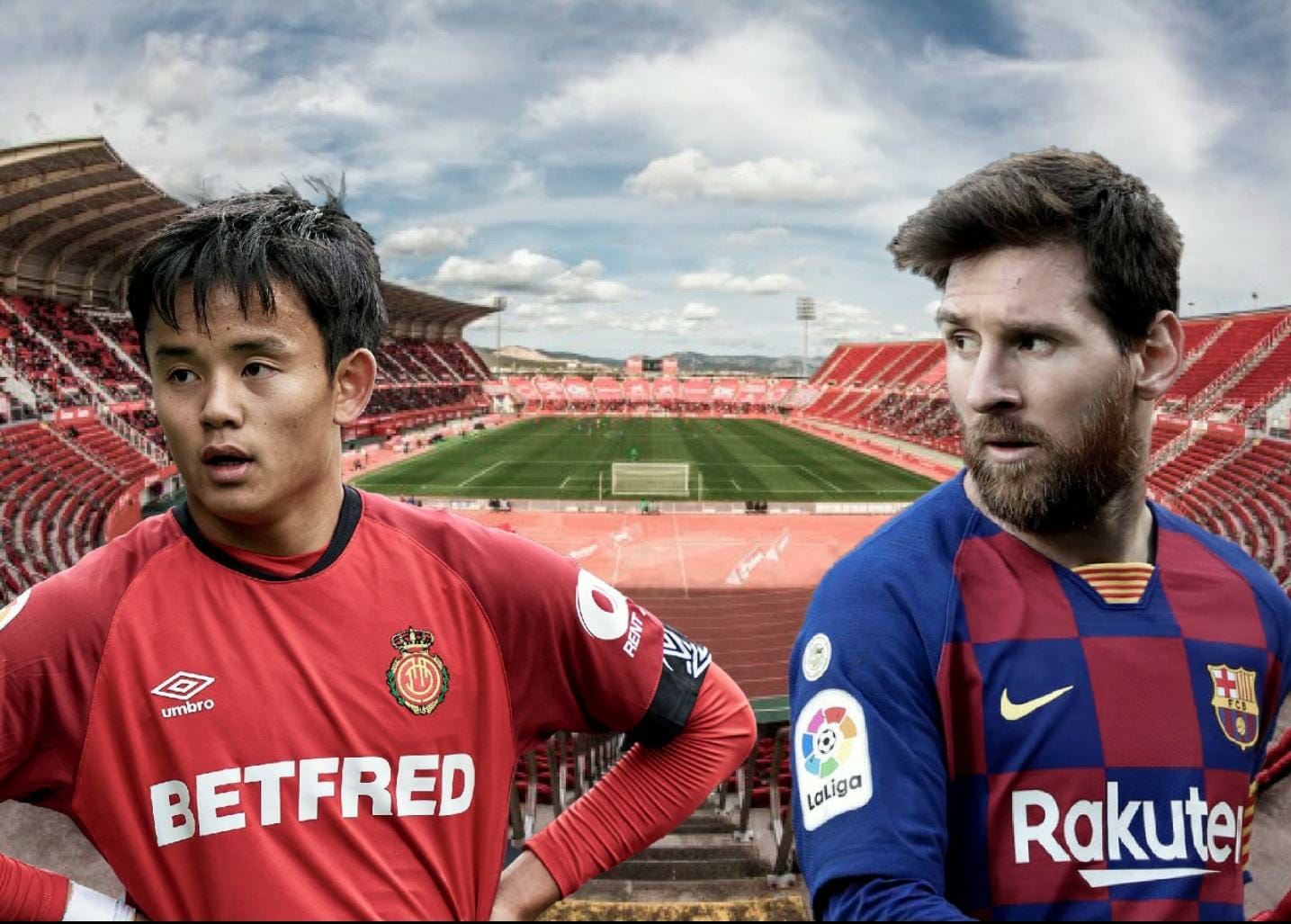 RCD Mallorca's Take Kubo (L) and Barcelona's Lionel Messi (R), in front of the newly-renamed Visit Mallorca Estadi / Photo montage by Blaugranagram