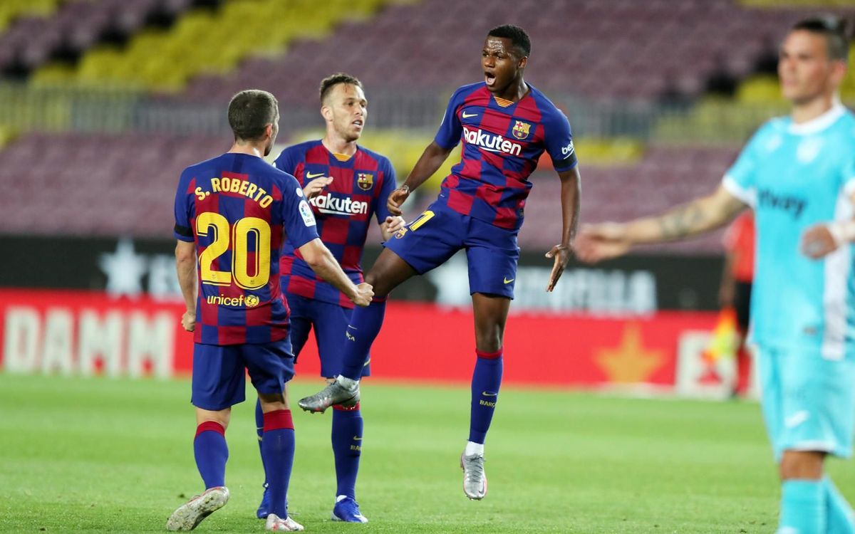 Ansu Fati celebrando el gol que abrió el marcador ante el Leganés en el Camp Nou / MIGUEL RUIZ/FCBARCELONA