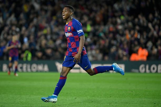 Ansu Fati celebrates after scoring during the Spanish league football match between FC Barcelona and Levante UD at the Camp Nou (Photo by LLUIS GENE / AFP) (Photo by LLUIS GENE/AFP via Getty Images)