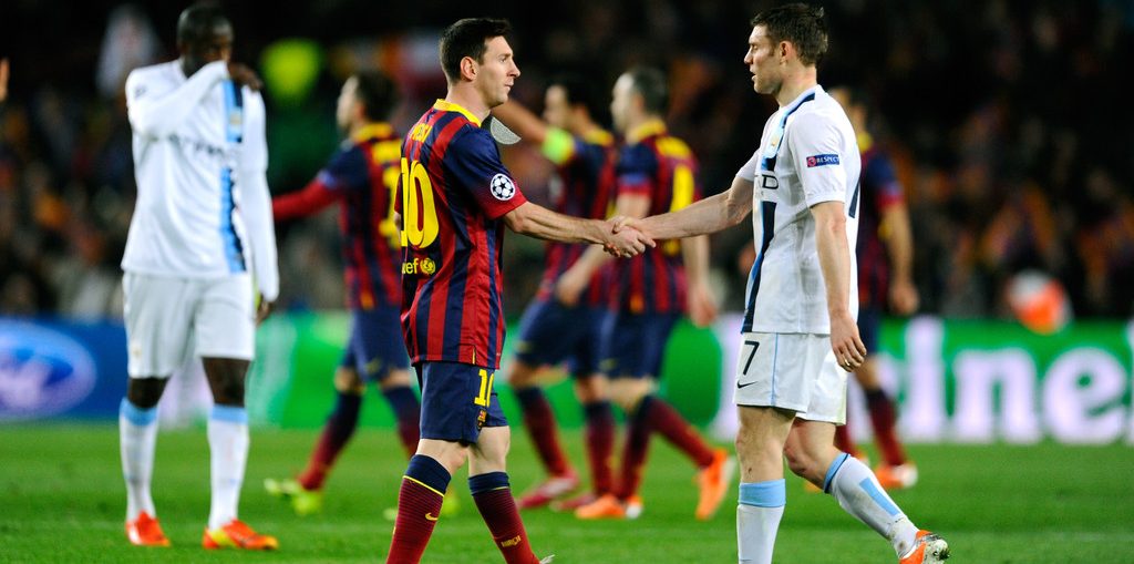 Messi shaking hands with James MIlner/ David Ramos/Getty Images