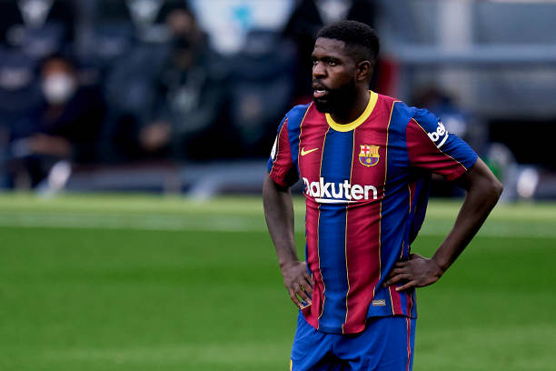 Samuel Umtiti during the La Liga match between FC Barcelona and Granada CF at Camp Nou on April 29, 2021 (Photo by Pedro Salado/Quality Sport Images/Getty Images)