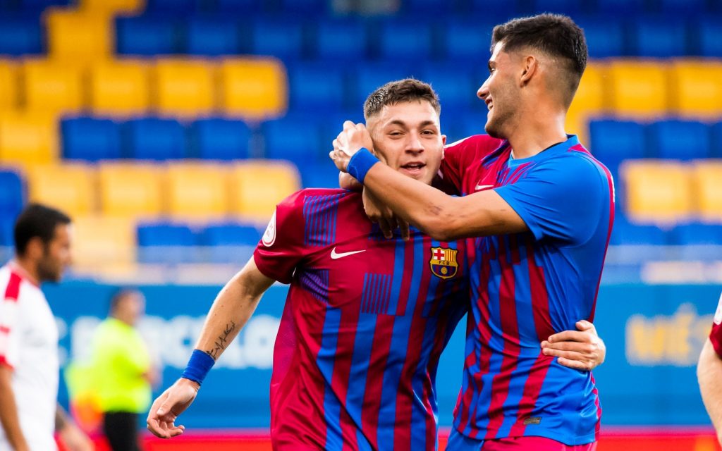 Antonio Arnada and Nils Mortimer celebrating Barça B's lone goal. (Photo/ FC Barcelona B)