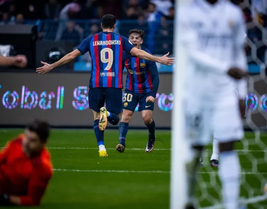 Gavi and Lewandowski celebrating a goal against Real Madrid/ FC BARCELONA