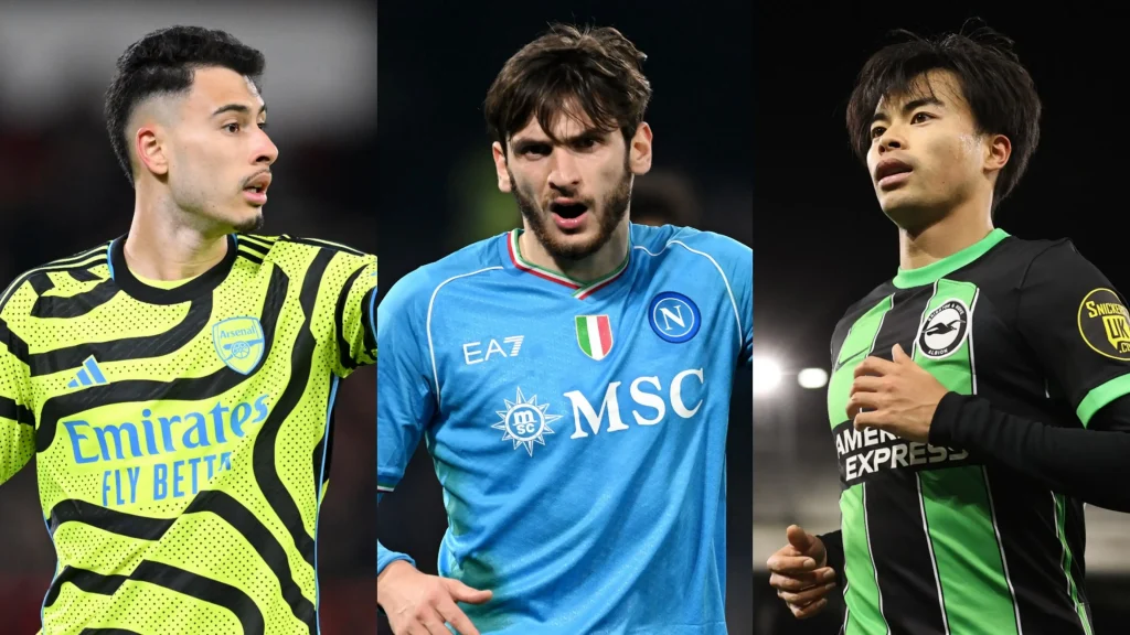 Gabriel Martinelli (left), Khvicha Kvaratskhelia (middle), Kaoru Mitoma (right) / Edit done by GOAL