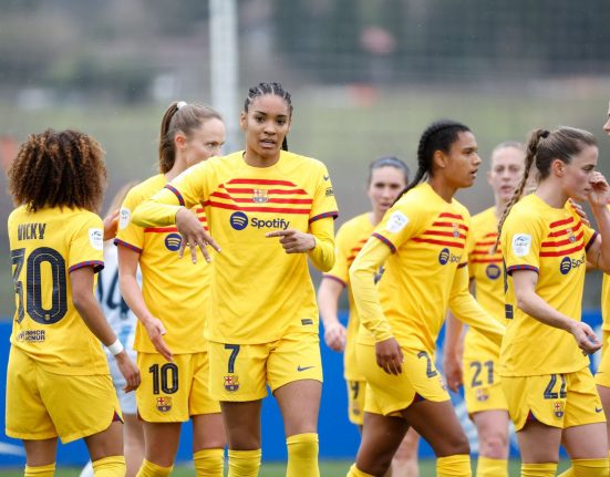 Barca Femeni celebrating thier 7-1 win over Real Sociedad Femenino / Getty Images