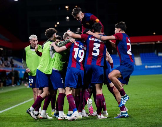 Barca Atletic celebrating a goal vs. Rayo Majadahonda / FC Barcelona