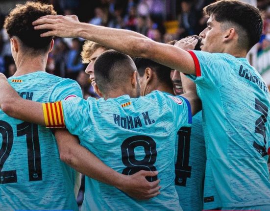 Barca Atletic celebrating a goal vs. Teruel / FC Barcelona