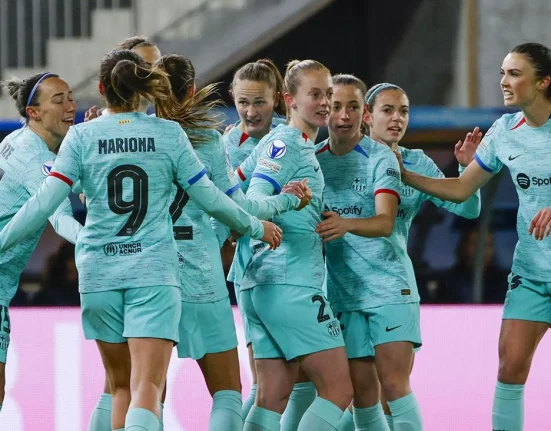 Barça Femení celebrating their victory against Brann / Getty Images