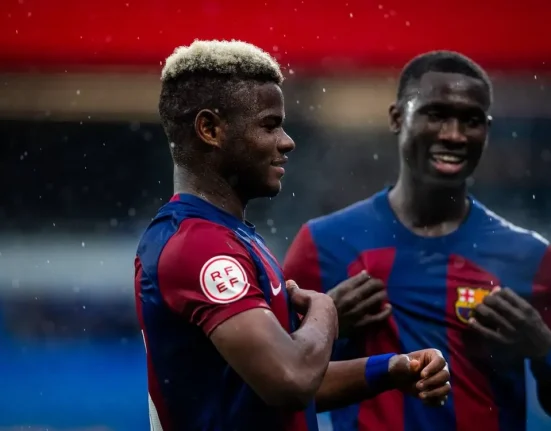 Mikayil Faye celebrating his goal against Sestao River / FC Barcelona