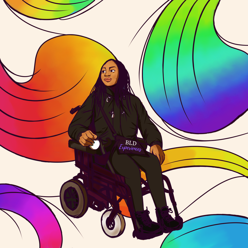 Graphic image of Black woman, wearing all black, in electric wheelchair with rainbow feathers in background