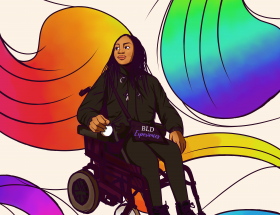 Graphic image of Black woman, wearing all black, in electric wheelchair with rainbow feathers in background