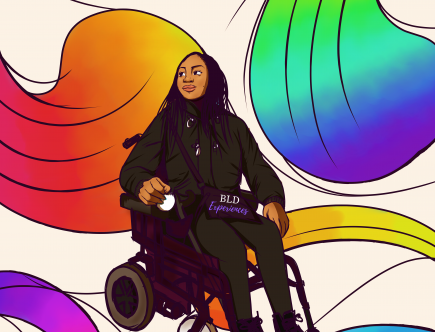 Graphic image of Black woman, wearing all black, in electric wheelchair with rainbow feathers in background