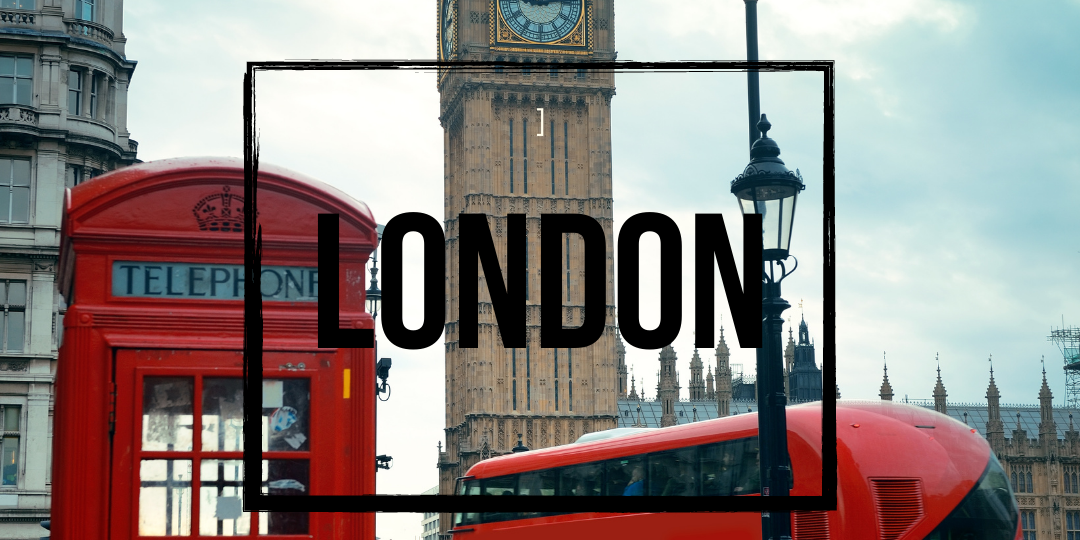 Picture of London bus and telephone booth with word London in black