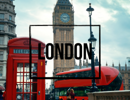 Picture of London bus and telephone booth with word London in black