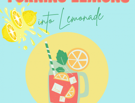 a light blue background with red and green text saying turning lemons into lemonade. There is a yellow circle lower centre of the image with a lemonade jug image in the middle of the circle. To the top left there are sliced lemons with juice spilling out