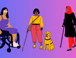 Community of Three Black Disabled Women. One is in a black wheelchair, the woman to her right is standing with a guide dog and cane. The third woman is a hijabi using two crutches