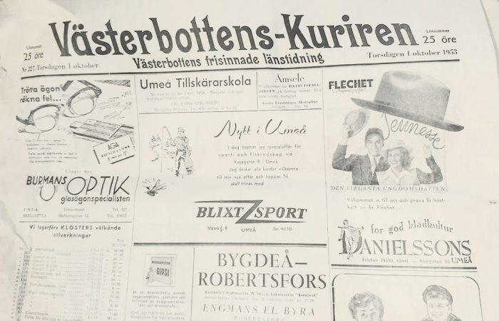 Annons i tidningen Västerbottens-Kuriren torsdag 1 oktober 1953.